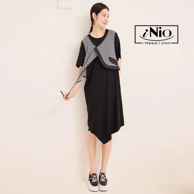 【iNio 衣著美學】長洋 夏新品 現貨 假兩件 背心式拼接 短袖連身裙(CDW3035)