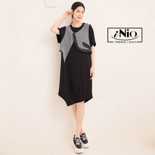 【iNio 衣著美學】長洋 夏新品 現貨 假兩件 背心式拼接 短袖連身裙(CDW3035)