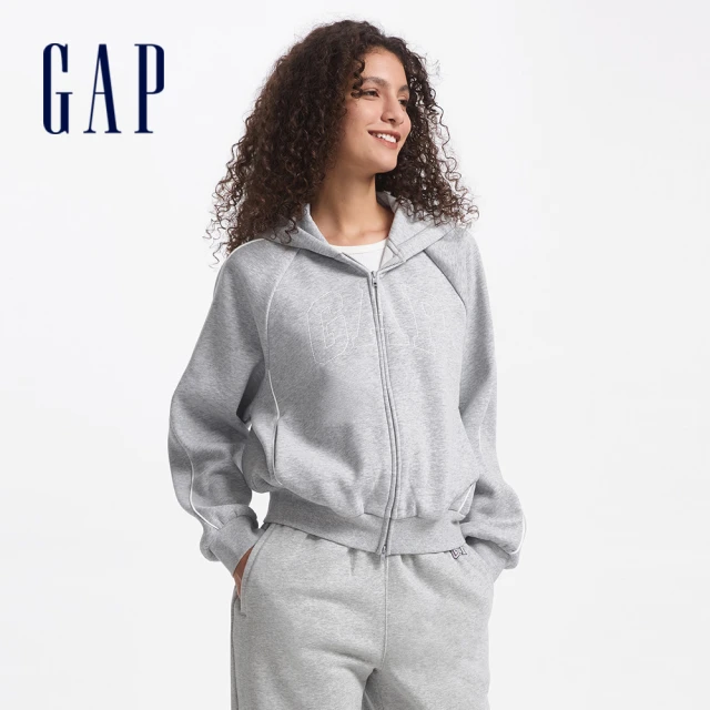 GAP 女裝 Logo刺繡刷毛連帽外套-淺灰(637918)