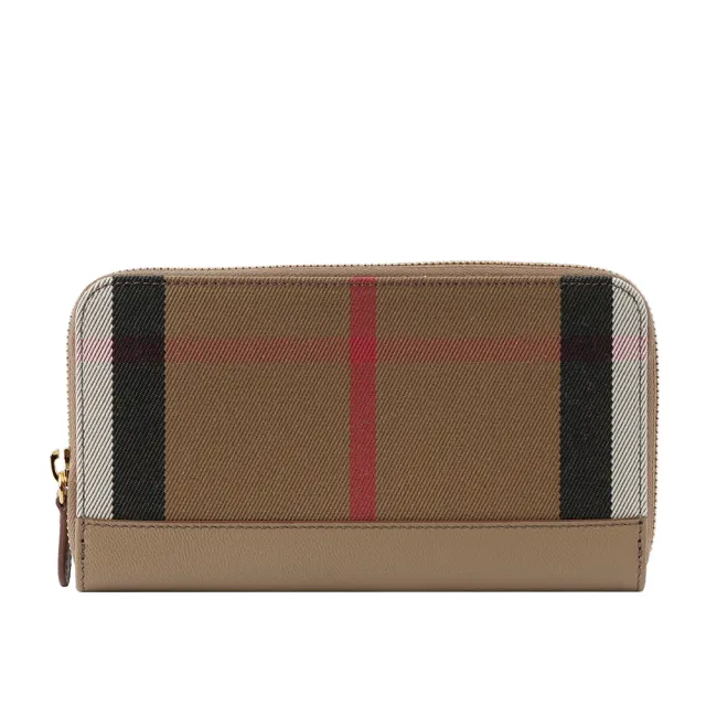 【BURBERRY 巴寶莉】格紋拼皮革ㄇ型拉鍊長夾(栗子色)