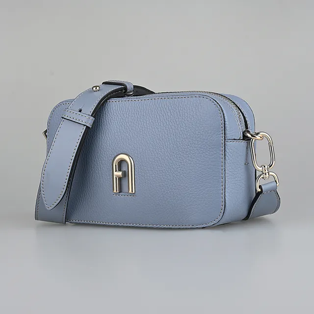 【FURLA 芙拉】FURLA Primula系列立體金屬拱門造型LOGO荔枝紋設計小牛皮拉鍊斜背包(迷你/深粉藍)