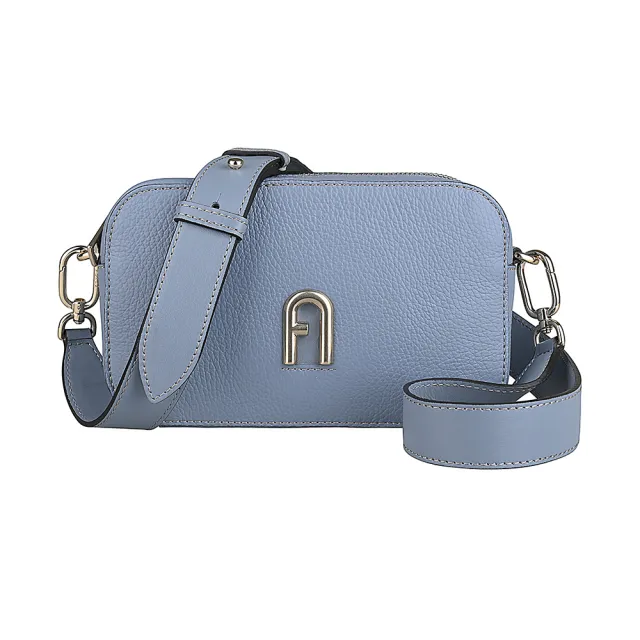 【FURLA 芙拉】FURLA Primula系列立體金屬拱門造型LOGO荔枝紋設計小牛皮拉鍊斜背包(迷你/深粉藍)