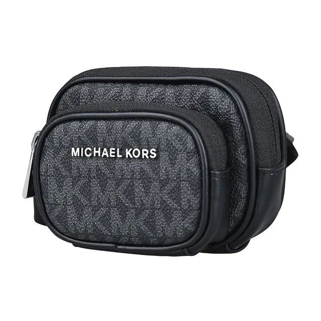 【Michael Kors】MK MICHAEL KORS LOGO拉鍊PVC滿版印花斜背相機包(迷你/黑)