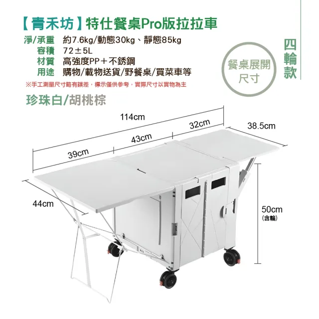 【青禾坊】特仕餐桌Pro版拉拉車-四輪款(折疊購物車/手推車/露營車/爬梯車)