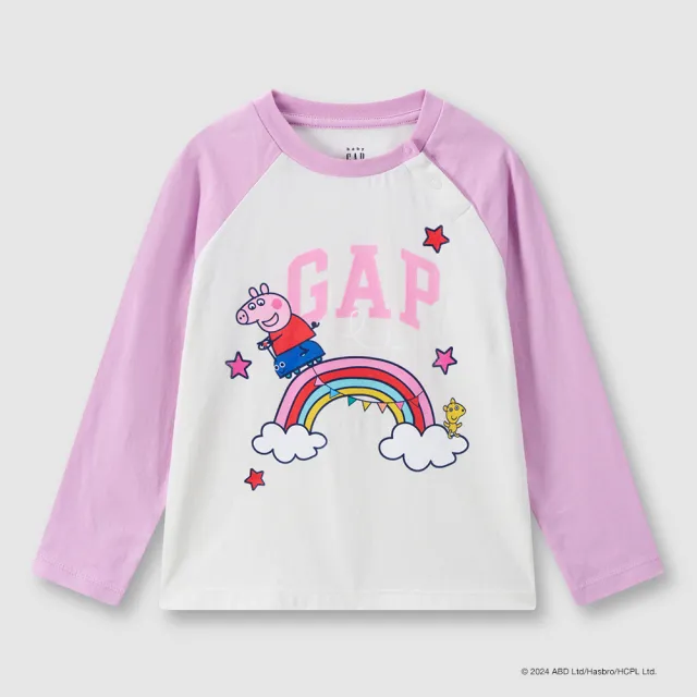 【GAP】兒童裝 Gap x 佩佩豬聯名 Logo純棉印花圓領長袖T恤-白色(641303)