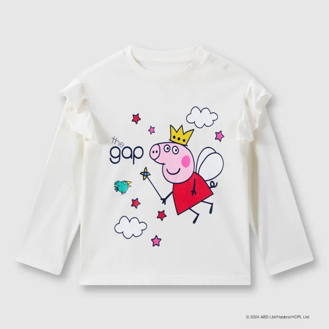 【GAP】兒童裝 Gap x 佩佩豬聯名 Logo純棉印花圓領長袖T恤-米白色(641287)