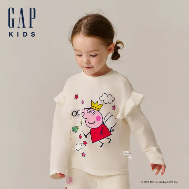【GAP】兒童裝 Gap x 佩佩豬聯名 Logo純棉印花圓領長袖T恤-米白色(641287)