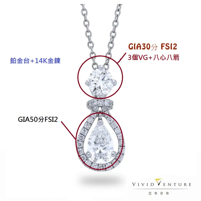 【Vividventure 亞帝芬奇】GIA FSI2 80分 雙主石 鑽石項鍊 鉑金台 八心八箭(二款任選)