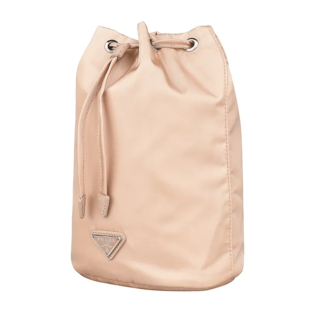【PRADA 普拉達】PRADA三角銀牌LOGO束口尼龍手提化妝包(米)