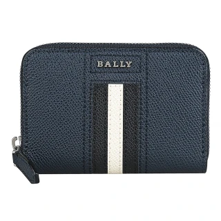【BALLY】BALLY TIVY銀字金屬LOGO黑白條紋粒面壓紋牛皮拉鍊卡片零錢包(深藍)