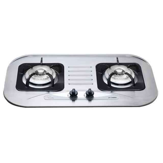 JTL喜特麗 JT-2009 雙口瓦斯爐採用耐熱強化玻璃爐臺與鑄鐵爐頭,傳統外擴火焰設計提供均勻加熱,電子連續點火操作簡便。瓦斯消耗量8~9kW,適閤家庭廚房使用,BSMI許可字號R31028,享1年保固與標準安裝服務。高效耐用,完美提升您的烹飪體驗! JTL喜特麗 JT-2009