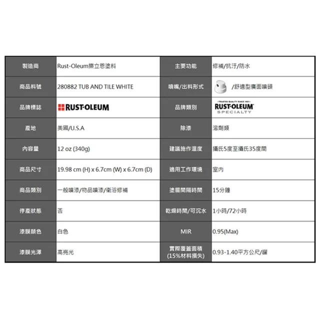 【RUST-OLEUM 樂立恩塗料】浴缸磁磚美化噴漆 白色(光澤／340g 280882)