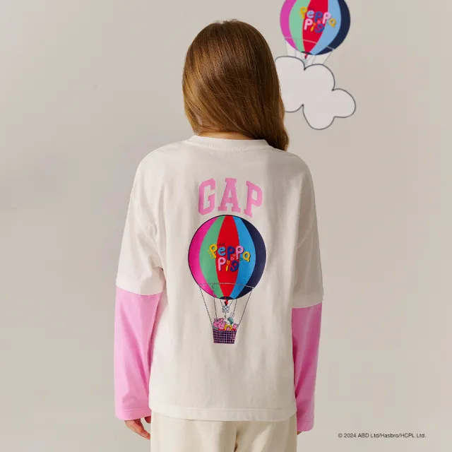 【GAP】兒童裝 Gap x 佩佩豬聯名 Logo純棉印花圓領長袖T恤-白色(637109)