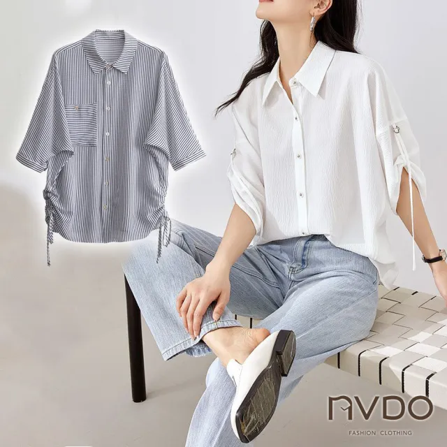 【NVDO】現貨 清涼感飄柔設計感顯瘦上衣-2款可選(M-2XL/五分袖絲質上衣/F128)