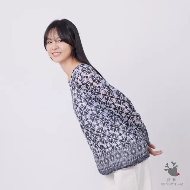 【so that’s me 好我】Charlene度假透紗印花寬擺抓褶上衣(藍黑)
