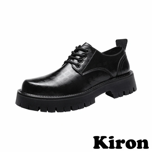 Kiron 厚底皮鞋 粗跟皮鞋/時尚格子壓紋繫帶鬆糕厚底粗跟休閒皮鞋-男鞋(黑)