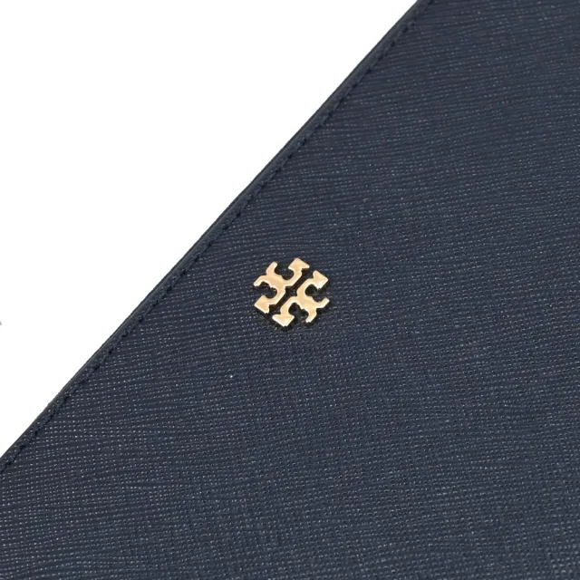 【TORY BURCH】簡約雙T LOGO防刮皮革手提式拉鍊發財零錢長夾(深藍)