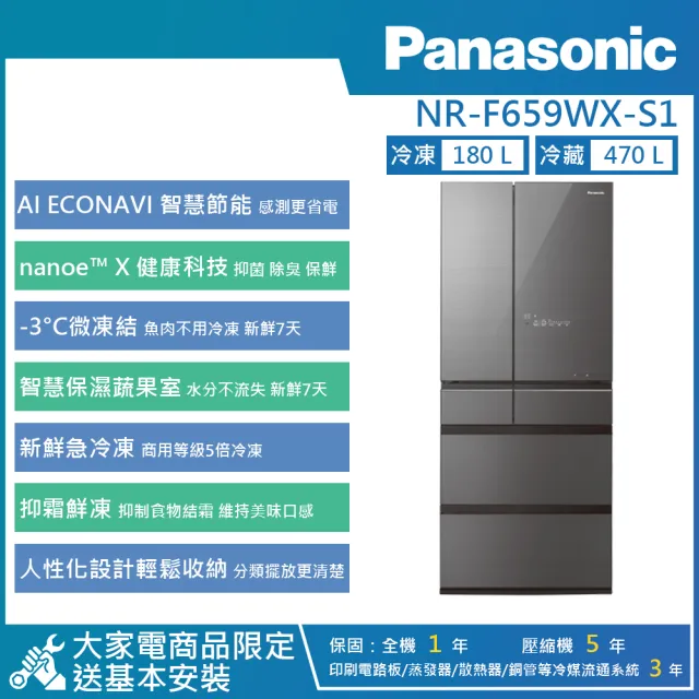 【Panasonic 國際牌】650公升 一級能效智慧節能無邊框玻璃鏡面六門電冰箱(NR-F659WX)