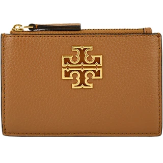 【TORY BURCH】BRITTEN棕色皮革大簍空LOGO拉鍊式卡片夾/零錢包