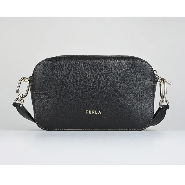 【FURLA 芙拉】FURLA PRIMULA金屬LOGO拱門設計小牛皮拉鍊斜背相機包(迷你/黑)