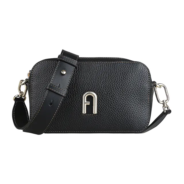 【FURLA 芙拉】FURLA PRIMULA金屬LOGO拱門設計小牛皮拉鍊斜背相機包(迷你/黑)
