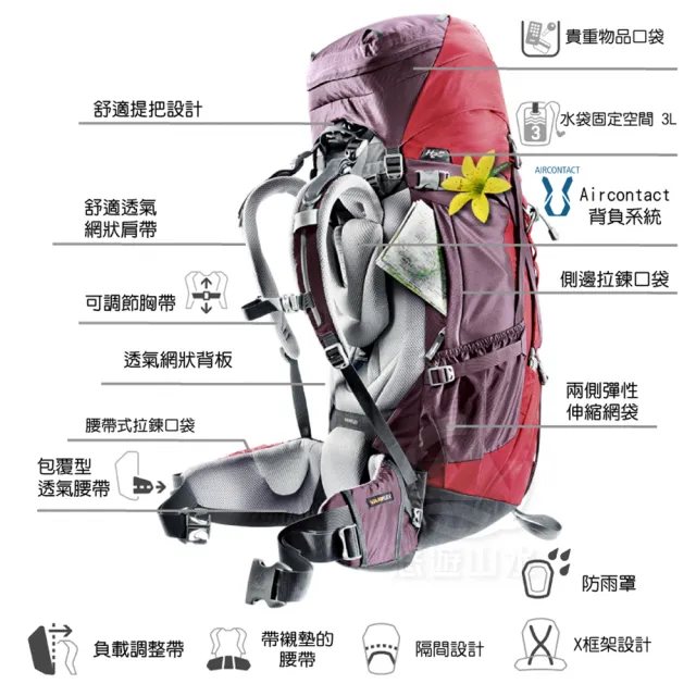 【deuter】女款 Aircontact 60+10 SL 拔熱式透氣背包《紫/紅》3320416/雙肩後背包/登山(悠遊山水+)
