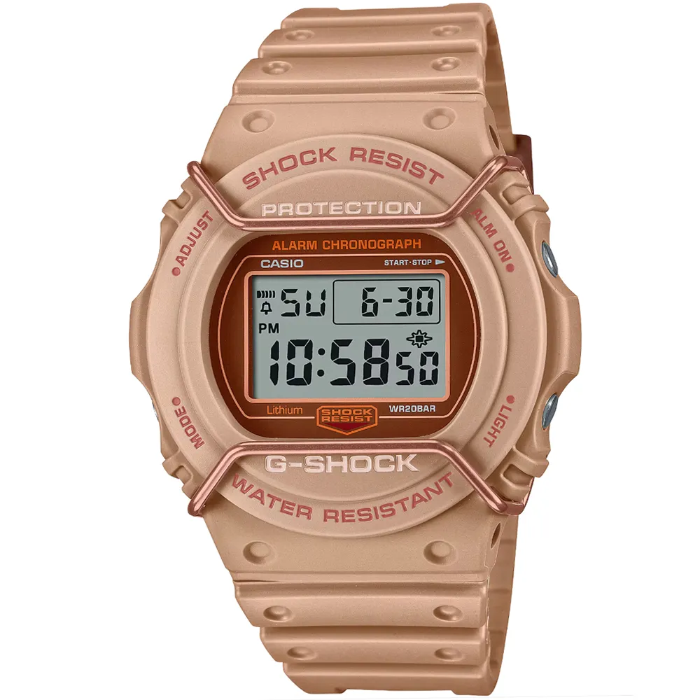 【CASIO 卡西歐】卡西歐G-SHOCK鬧鈴電子錶-杏金(DW-5700PT-5 台灣公司貨)