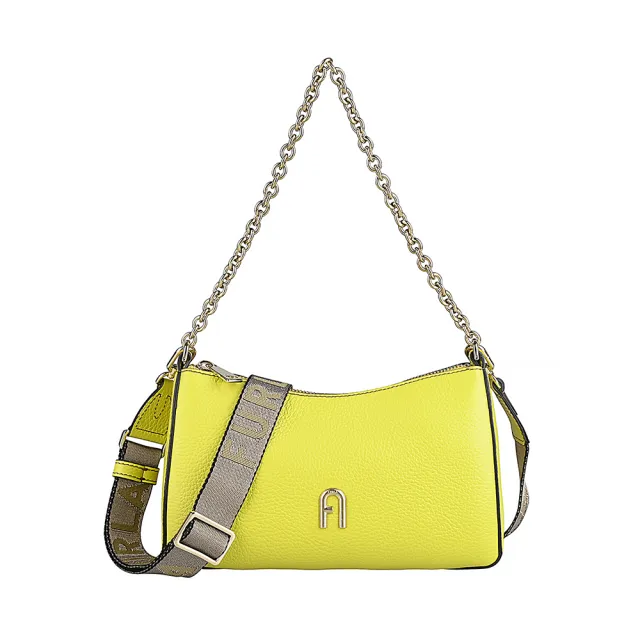 【FURLA 芙拉】FURLA Primula經典立體金字拱形LOGO荔枝紋牛皮拉鍊肩背斜背包(迷你/明黃)