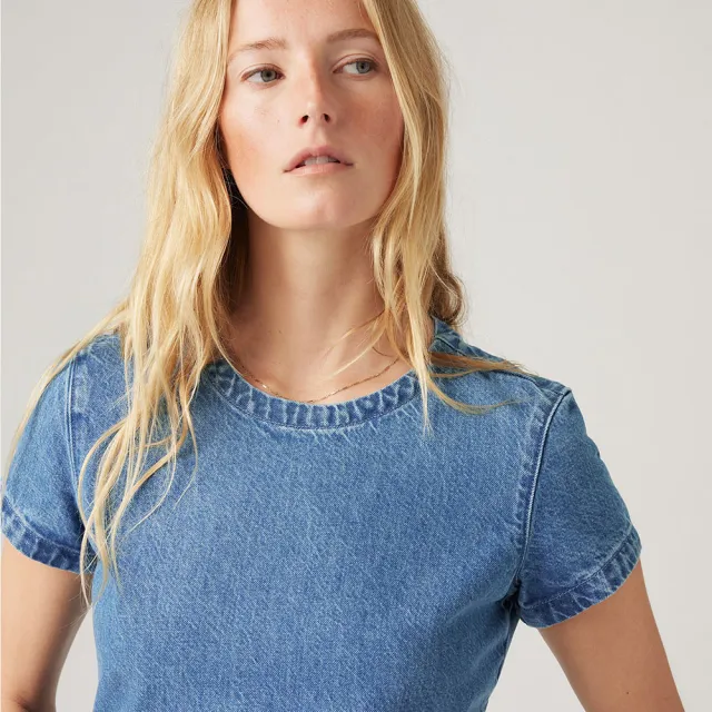 【LEVIS】Wellthread 環境友善系列 女款丹寧牛仔合身短袖Tee恤 上衣 熱賣單品 A9187-0000