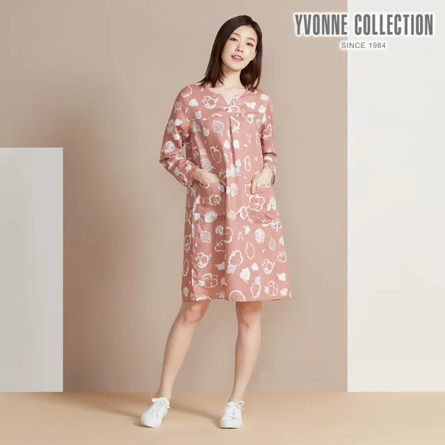 【YVONNE 以旺傢飾】出清品 雙層棉植物印花小V領長袖洋裝-薔薇粉