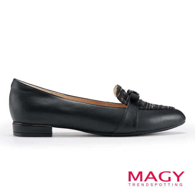 【MAGY】復古毛呢拼接牛皮尖頭樂福平底鞋(黑色)