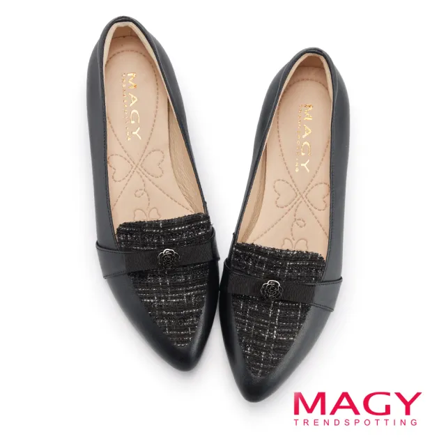 【MAGY】復古毛呢拼接牛皮尖頭樂福平底鞋(黑色)