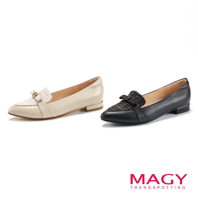 【MAGY】復古毛呢拼接牛皮尖頭樂福平底鞋(黑色)