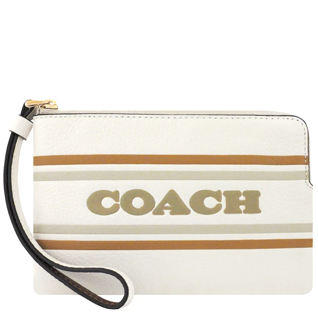 COACH 荔枝紋皮革LOGO條紋手拿包(象牙白色)