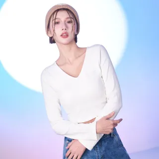 【MAJOR MADE】質感V領刺繡短版發熱衣(短版上衣/內搭衣/長袖/保暖)