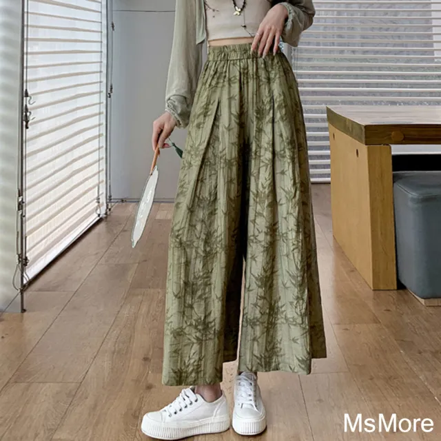 【MsMore】浮雕絲棉麻感裙褲國風新中式百褶鬆緊高腰闊腿八分A字半身#122023(白/灰/黃/綠)