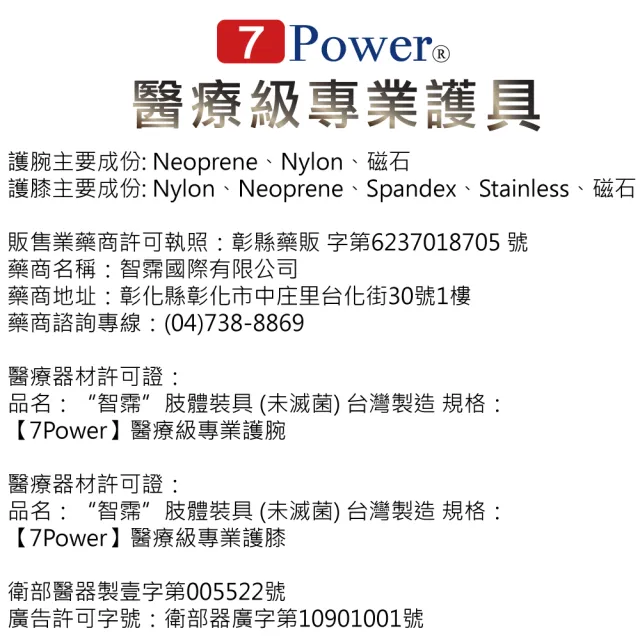 【7Power】醫療級專業護腕2入+護膝2入超值組(5顆磁石/左右通用/護手腕 護膝蓋 /MIT台灣製造)