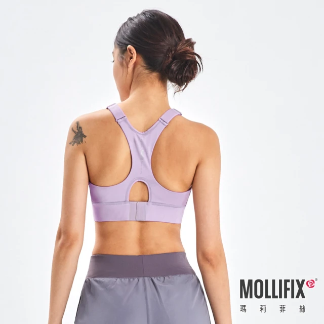 Mollifix 瑪莉菲絲 高強度前開拉鍊挖背運動內衣、瑜珈服、無鋼圈、開運內衣(淺紫)