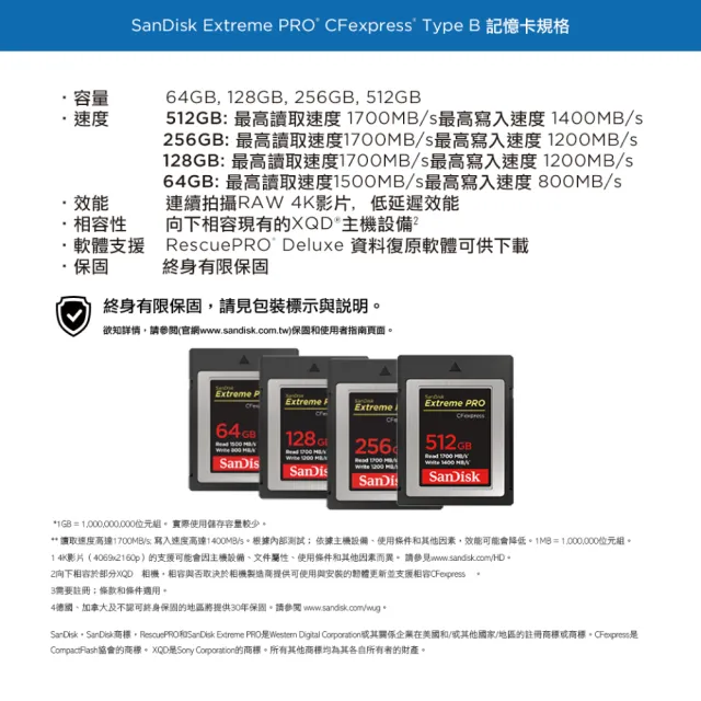 【SanDisk 晟碟】專業超極速 ExtremePro Cfexpress Card Type B - 128GB(極速1700MB/秒 原廠有限永久保固)