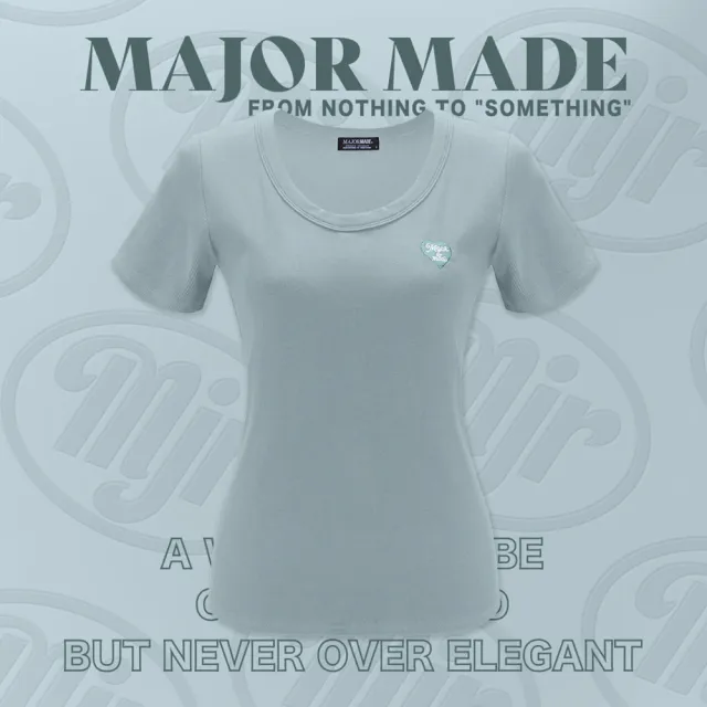 【MAJOR MADE】圓領包邊愛心刺繡彈力短T(短袖上衣/短T/素T)