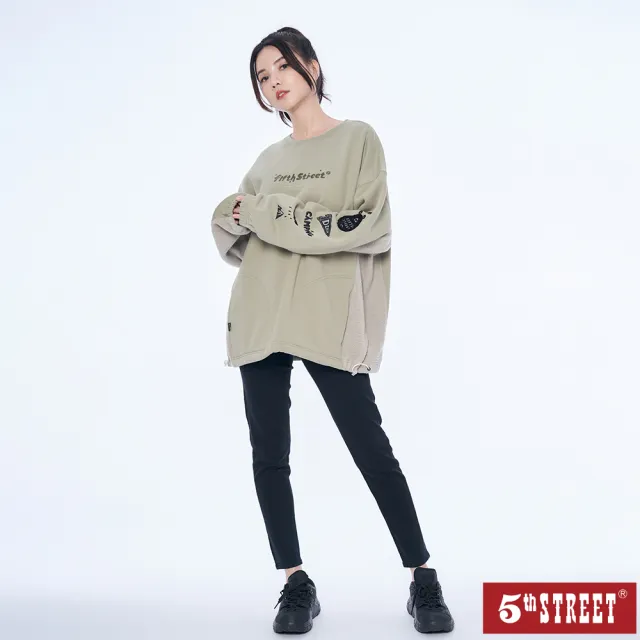 【5th STREET】中性款趣味黑熊圖案長袖T恤-綠色
