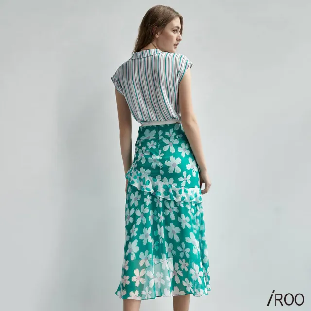 【iROO】雪紡雙色花朵印花中長裙