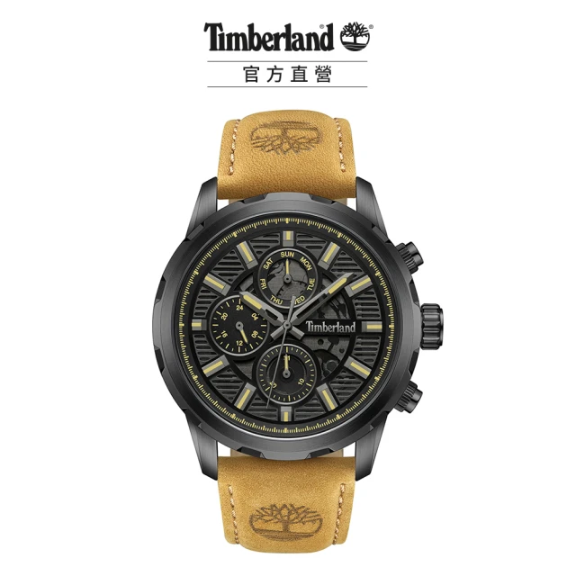 Timberland 男錶HAMPTON HARBOUR系列 齒輪風格多功能腕錶 皮帶-黑/小麥色46mm(TDWGF0056101)