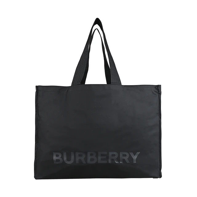 BURBERRY 巴寶莉 BURBERRY字母印花LOGO尼龍按釦式手提肩背購物包(黑)