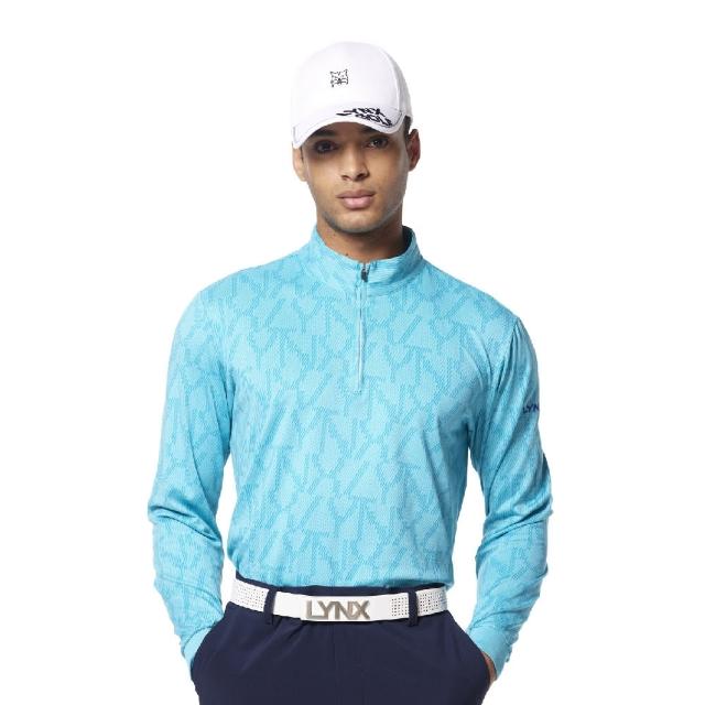 【Lynx Golf】男款吸濕排汗滿版創意線條組合Lynx字樣印花長袖立領POLO衫/高爾夫球衫(藍綠色)