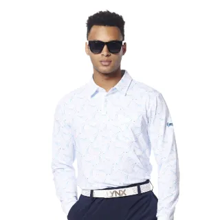【Lynx Golf】男款吸濕排汗滿版波浪線條球桿組合印花胸袋款長袖POLO衫/高爾夫球衫(水藍色)