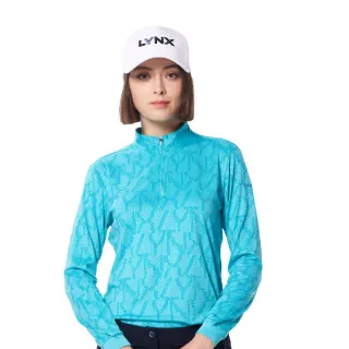 【Lynx Golf】女款吸濕排汗滿版創意線條組合Lynx字樣印花長袖立領POLO衫/高爾夫球衫(藍綠色)