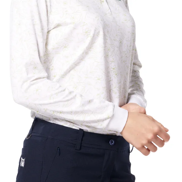 【Lynx Golf】女款吸濕排汗滿版花草葉木高爾夫元素線條印花繡花款長袖POLO衫/高爾夫球衫(草木綠色)