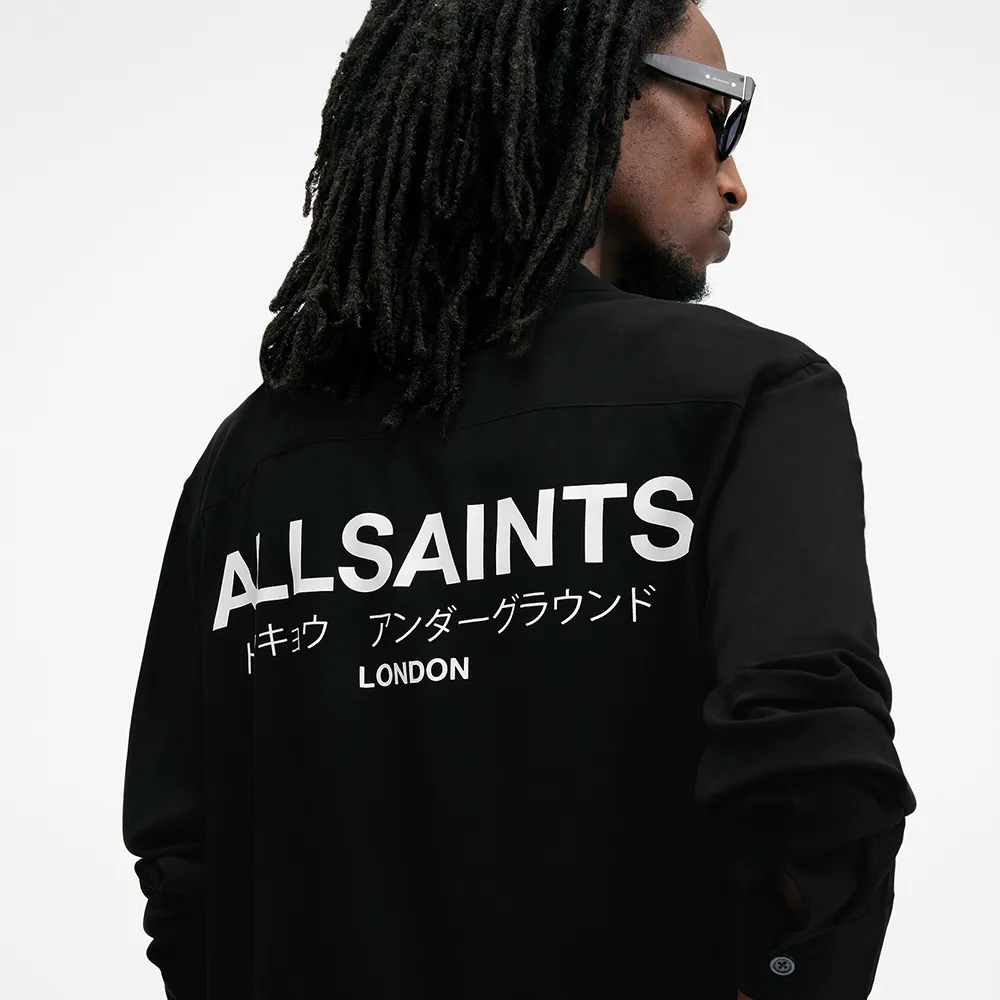 【ALLSAINTS】UNDERGROUND 人造絲LOGO長襯衫-黑 M073SB(舒適版型)