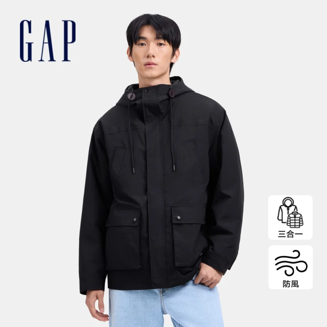 GAP 男裝 三合一防風連帽外套-黑色(636237)